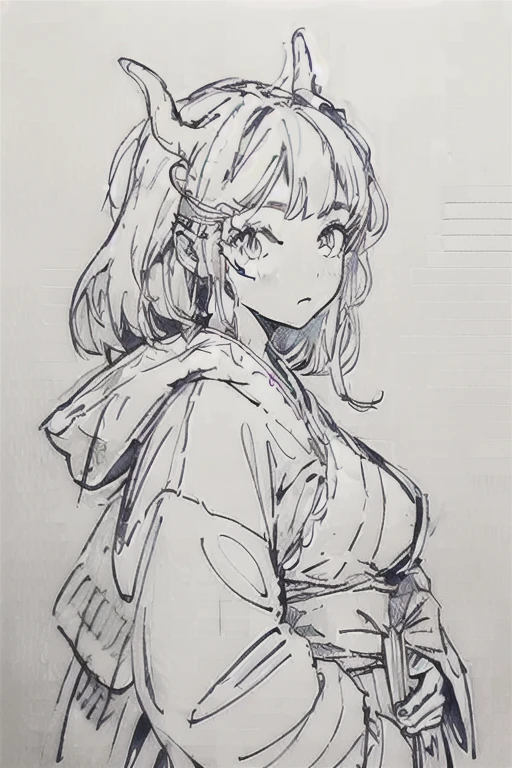 shouhui, large breasts, drawing, monochrome, horns, kimono