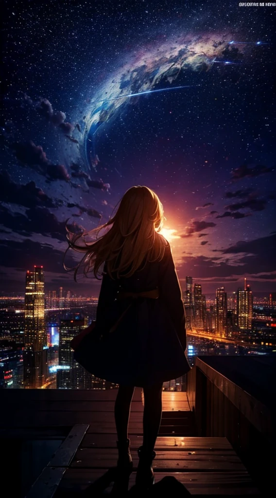 １people々々々々々々々,Blonde long-haired woman，Long coat， Dress Silhouette， Rear View，Space Sky, comet, Anime Style, City night view from the rooftop，