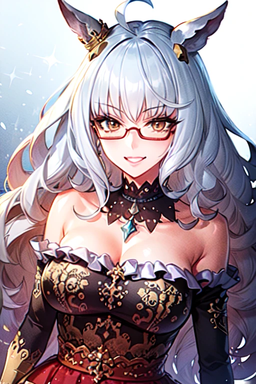 (shoujo-style), (romance manhwa), biwa hayahide \(umamusume\), ultra-detailed eyes, masterpiece, bestquality, upper body, smile, semi-rimless eyewear, under-rim eyewear, red-framed eyewear, 1girl, solo, upper body, facing viewer, looking at viewer, smile, cleavage, masterpiece, best quality, highres,