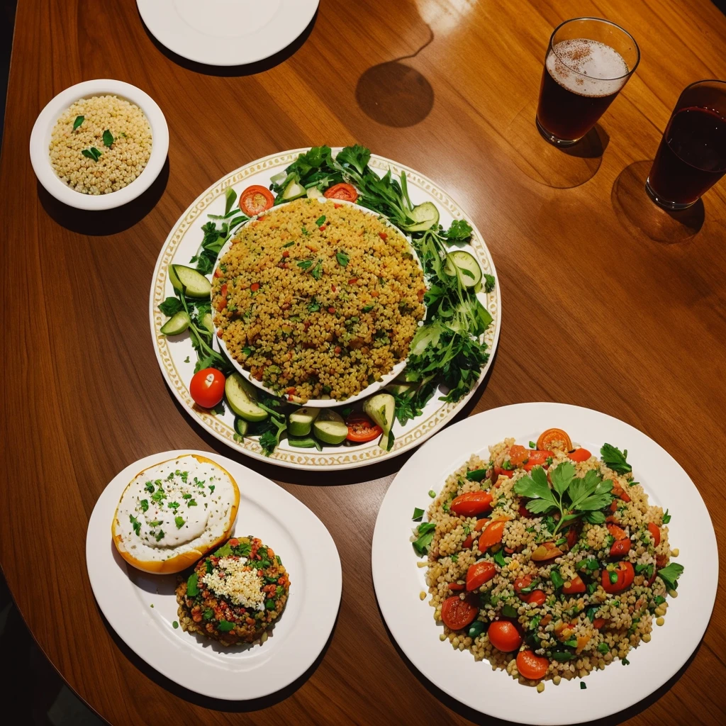 A picture of a table in a very ordinary restaurant, on which is a plate of stuffed vegetables with Iraqi bulgur. The picture looks as if it is an Instagram story, and there is a man on the other side of the table, but his face is not visible The lighting is very bad and photography is beginner The picture was taken from above Over the table