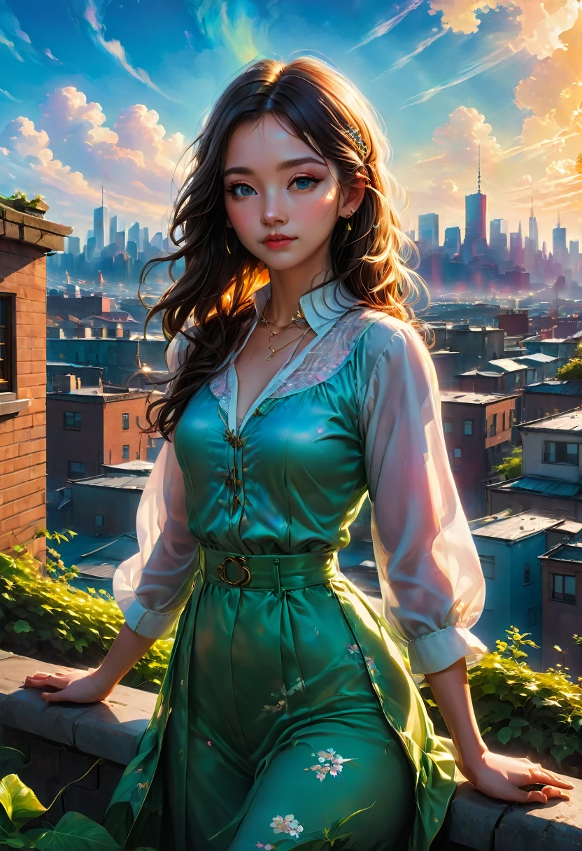 1girl,Person Standing on the Rooftop,aesthetic,okujyou,scenery,sky,fence,cloud,blue sky,outdoors,rooftop,building,day,cityscape,shadow,chain-link fence,city,(best quality,4k,8k,highres,masterpiece:1.2),ultra-detailed,(realistic,photorealistic,photo-realistic:1.37),HDR,UHD,studio lighting,ultra-fine painting,sharp focus,physically-based rendering,extreme detail description,professional,vivid colors,bokeh,portraits,landscape,colorful,overlooking,serene,peaceful,tranquil,sunlit,contemplative,striking silhouette,picturesque scenery,immersive,dreamy ambiance,sophisticated styling,elegant,touch of nostalgia,lush greenery,relaxing atmosphere