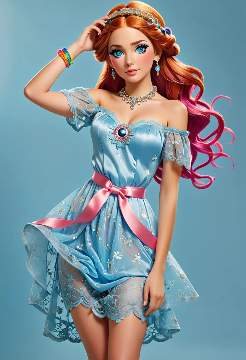 A woman waving a light blue lace night dress. Under the night dress is gold threads around her and hips. with A pink satin off shoulder ribbons tied to her arms. Attached to ribbons are silver  buckle, A silver chain. Attached to the sliver chain is blue diamond pendants. In her hair is sparkling crystal Pearl headcomb. Her lips is glossy with pink glitter. Around her ankle and wrist is black wrist bands with clock clogs Attached to the waist bands. ((The Woman has rainbow colored eyes)) red-brownish hair braided back. Long stands of hair falling over her eyes