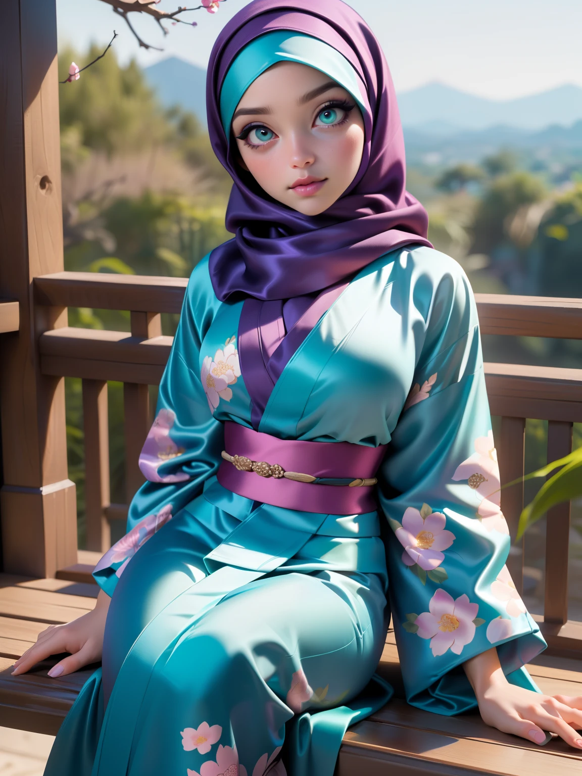 ((Masterpiece, best quality, photography, detailed skin, realistic, photo-realistic, 8k, highly detailed, full length frame, High detail RAW color art, diffused soft lighting, shallow depth of field, sharp focus, hyperrealism, cinematic lighting, hijab, a woman in a beautifully makeup, eyeshadow, beautiful big eyes, long eye lashes, wearing (Dark purple satin hijab), loosely tide hijab style, ((Teal floral satin kimono)), sitting on chair, balcony, enjoying nature view, japan forest, elegant pose