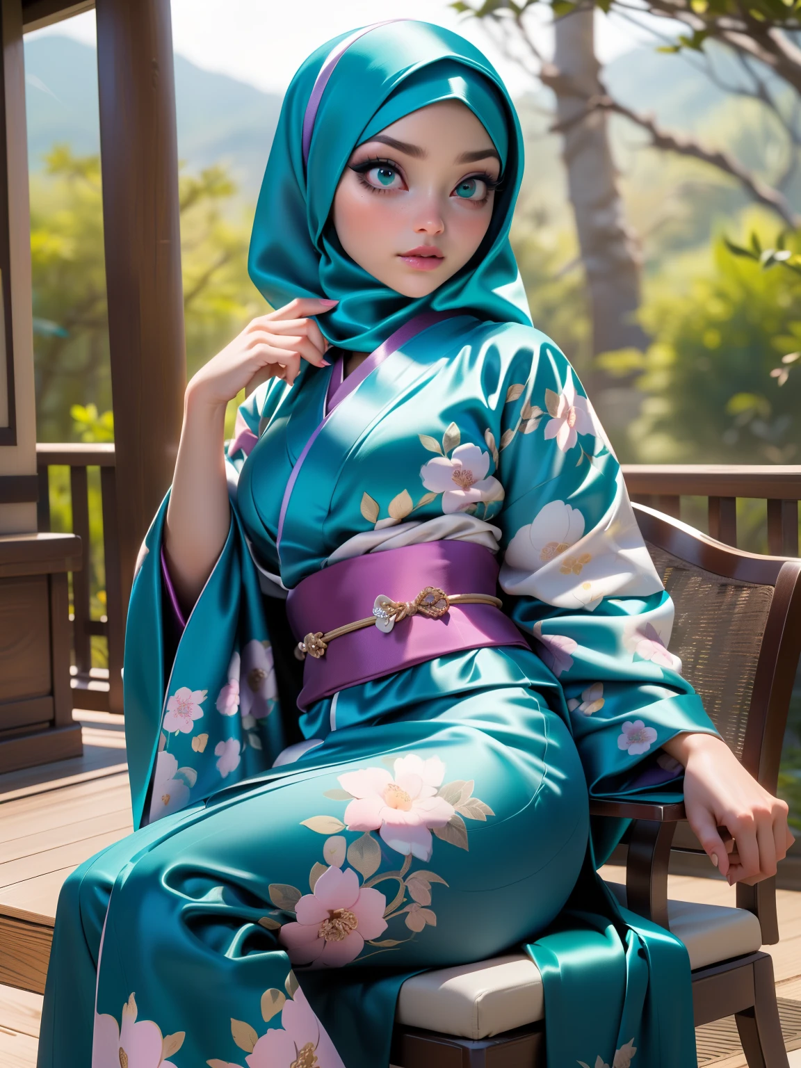 ((Masterpiece, best quality, photography, detailed skin, realistic, photo-realistic, 8k, highly detailed, full length frame, High detail RAW color art, diffused soft lighting, shallow depth of field, sharp focus, hyperrealism, cinematic lighting, hijab, a woman in a beautifully makeup, eyeshadow, beautiful big eyes, long eye lashes, wearing (Dark purple satin hijab), loosely tide hijab style, ((Teal floral satin kimono)), sitting on chair, balcony, enjoying nature view, japan forest, elegant pose