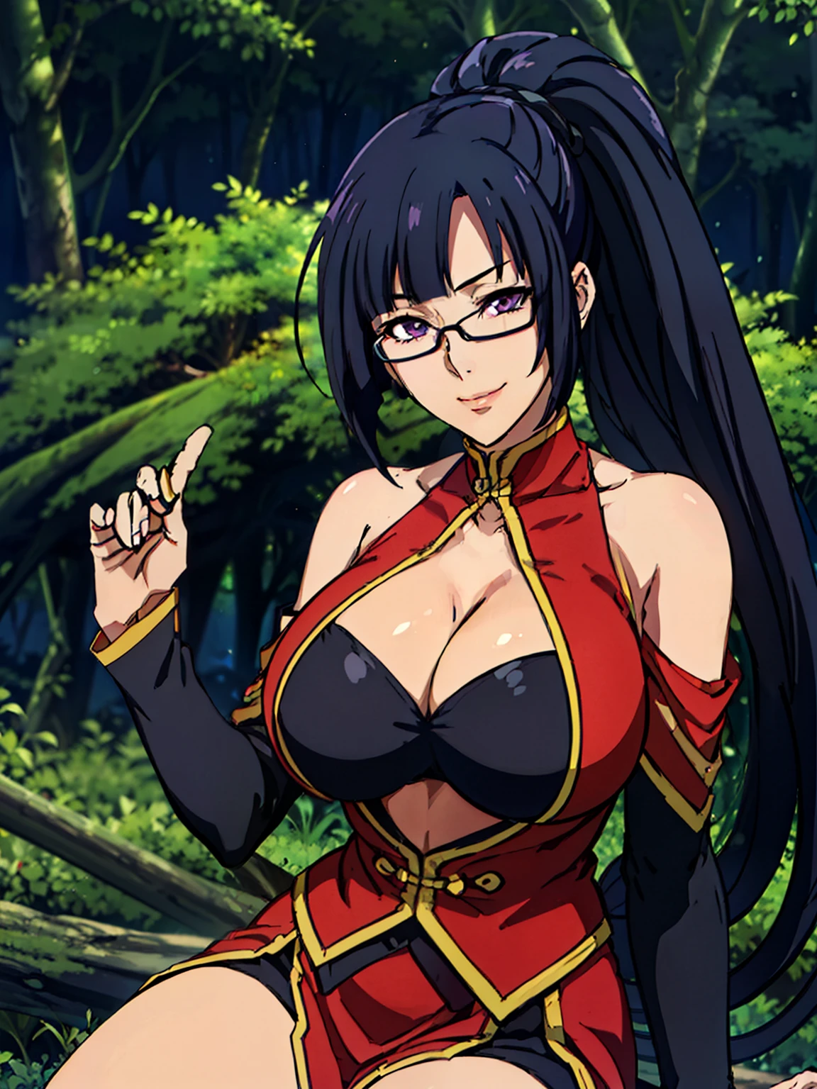 (sitting at big fallen tree), blue dress, chinese clothes, cleavage cutout, clothing cutout, bare shoulders, (night forest background), Litchi Faye-Ling, mature woman, anime cels style, best quality, high resolution, 1girl, (huge breasts:1.2), beautiful face, Beautiful Finger, Beautiful long legs, Beautiful body, Beautiful Nose,Beautiful character design, semi-rimless eyewear, black hair, very long hair, ponytail,Bangs,purple eyes, (cowboy shot), smiling, looking at viewer