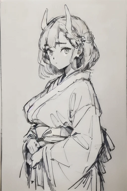 japanese milf, large breasts, drawing, monochrome, horns, kimono