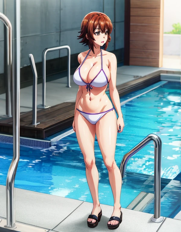 kotegawa chisa,Indoor swimming pool,Mouth closed,Brown eyes,brown hair,short hair,Front tie bikini top,White Bikini,(big breasts:1.5),(Shiny,hair),((alone)),((masterpiece)),((highest quality)),Perfect Anatomy,Narrow waist,Perfect image,8K Ultra HD,(Beautiful fine details:1.5),Very detailed顔,Are standing,(Upper Body:1.2),(Look at the front:1.4),Arms behind,Very detailed,Absurd,High resolution,(full body:1.5)