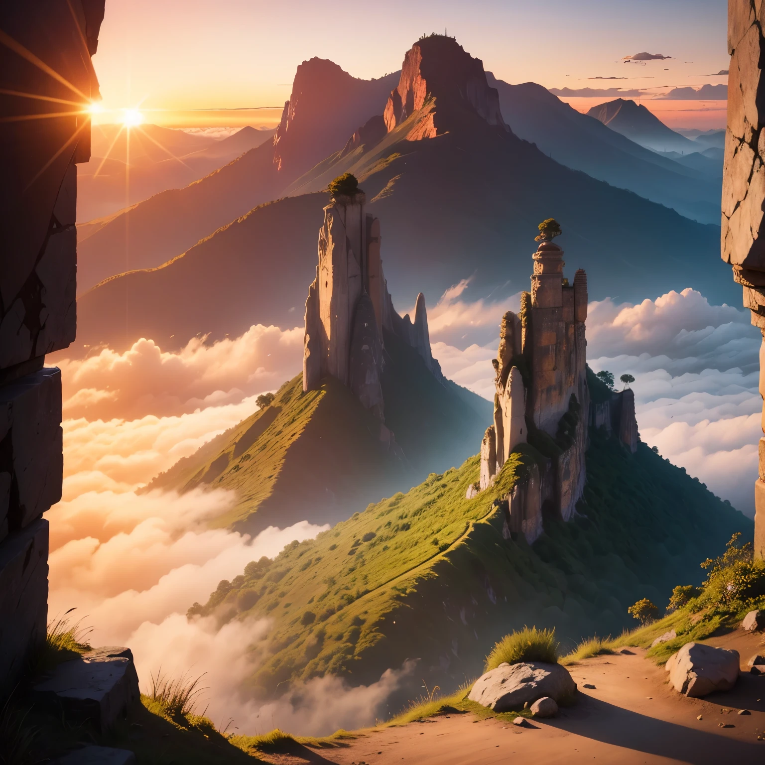 (Excellent paintings),(Best Picture Quality,hyper-high detail,CPU rendering),(Beautiful and spectacular sunrise),(orange colors+in pink+yellow sky),(Steam turbines+Jungle sounds),(cliff+Coconut Tree+light wind),(Cloud fog)(Action-packed views),(Foggy smoke in the sun),(Three-quarters of the picture range is the sky),(The slopes reflect the contours of the mountains in the distance),(Nice and reassuring scenery)