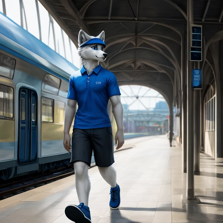 masterpiece, solo, furry gray wolf, teen, gray fur, white facial fur, blue eyes, tight blue polo shirt, blue cap, 3d style, walking, train station