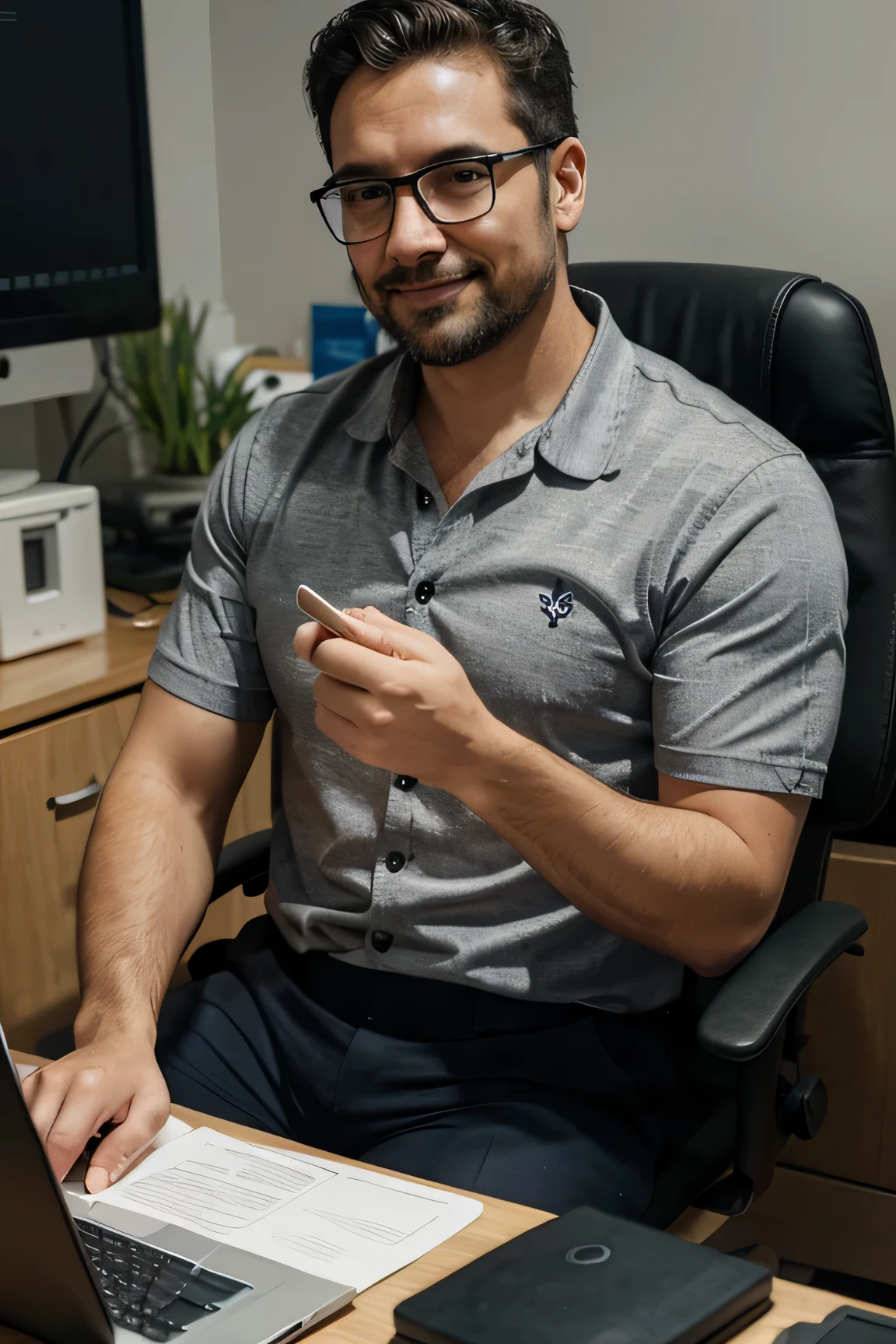 Claro, here is the single text with the information provided:
Create a digital illustration of a 40-year-old man working in his office. Ele possui cabelos curtos e pretos, uma barba curta e escura sem pelos brancos, and is wearing glasses. Sua vestimenta inclui uma camisa social azul. in the office, He's sitting in front of a computer, hands on the keyboard and mouse. The office environment is characterized by shades of gray, criando uma atmosfera profissional. Man is smiling while working, demonstrating satisfaction in their professional activities. This illustration will be used as art to promote a professional and positive work environment.
