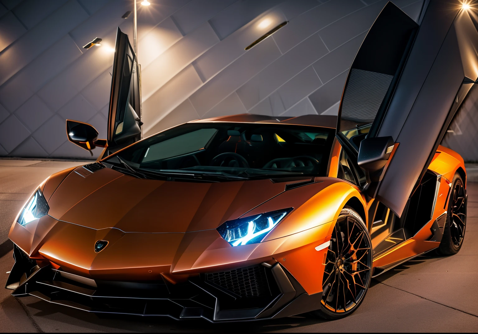 A lamborghini aventador svj color black and orange the streets of city miami, Exquisite detail, taken with long exposure to capture the movement of cars and people,insane detail, , 8k, photography, Sony Alpha, Canon 5D, Fujifilm xt100 