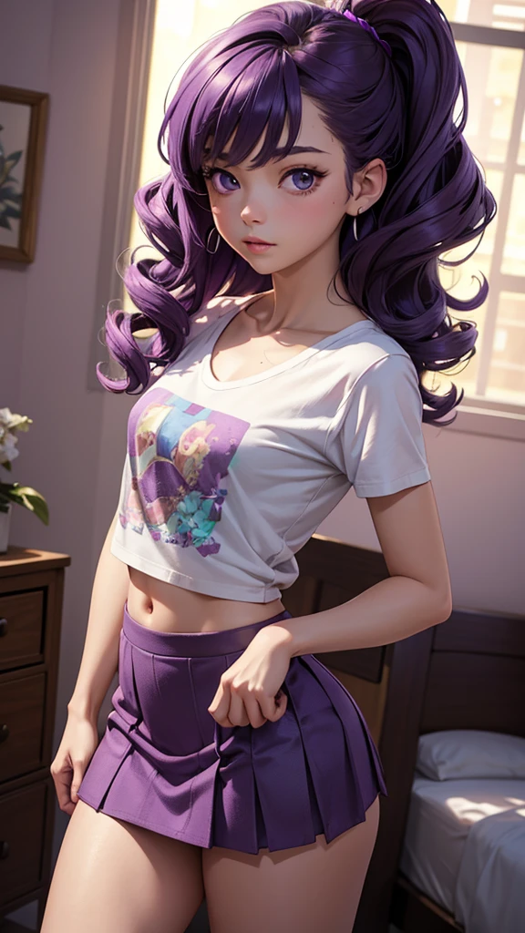 (masterpiece), (best quality), (detailed), light layer, 1solo girl, young girl, perfect body, purple hair in curls, defined large chest, small waist,defined collarbone, ultra realistic, photorealistic, detailed, ,Enhance, wearing a anime shirt and mini skirt, bedroom background, back tturned