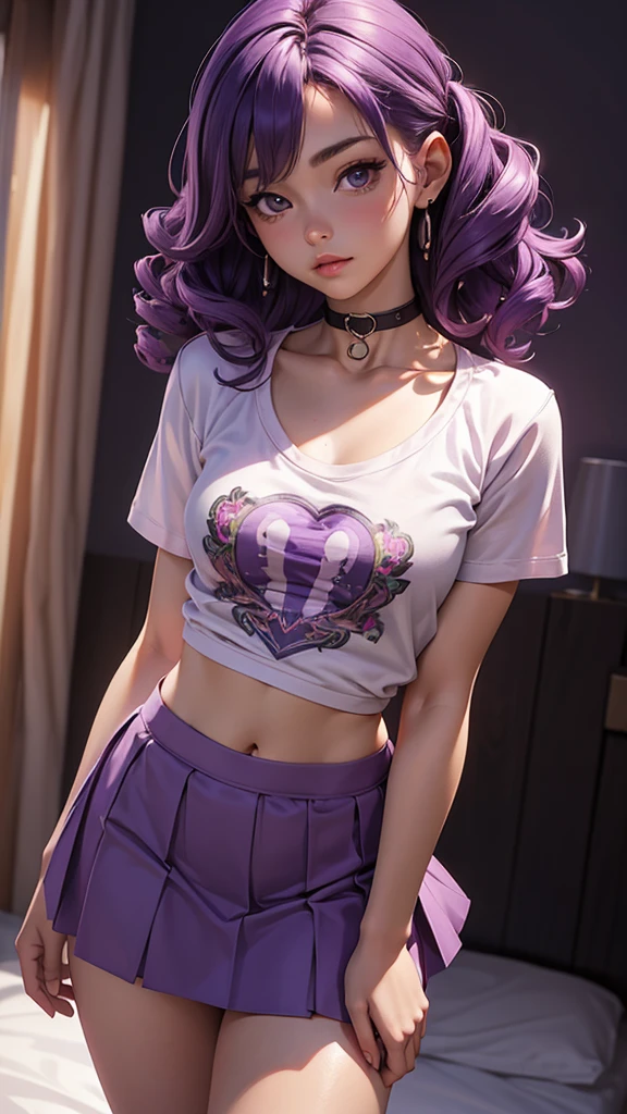(masterpiece), (best quality), (detailed), light layer, 1solo girl, young girl, perfect body, purple hair in curls, defined large chest, small waist,defined collarbone, ultra realistic, photorealistic, detailed, ,Enhance, wearing a anime shirt and mini skirt, bedroom background, back tturned