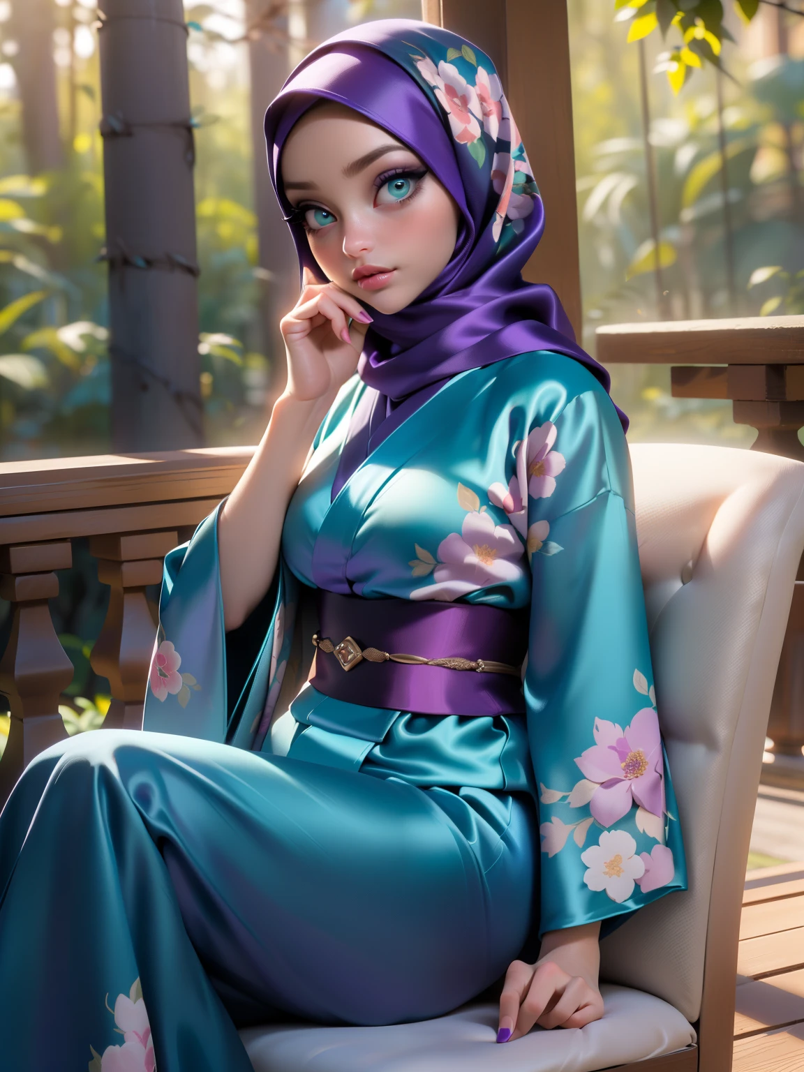 ((Masterpiece, best quality, photography, detailed skin, realistic, photo-realistic, 8k, highly detailed, full length frame, High detail RAW color art, diffused soft lighting, shallow depth of field, sharp focus, hyperrealism, cinematic lighting, hijab, a woman in a beautifully makeup, smokey eyeshadow, beautiful big eyes, long eye lashes, wearing (Dark purple satin hijab), loosely tide hijab style, ((Teal floral satin kimono)), sitting on chair, balcony, enjoying nature view, japan forest, elegant pose