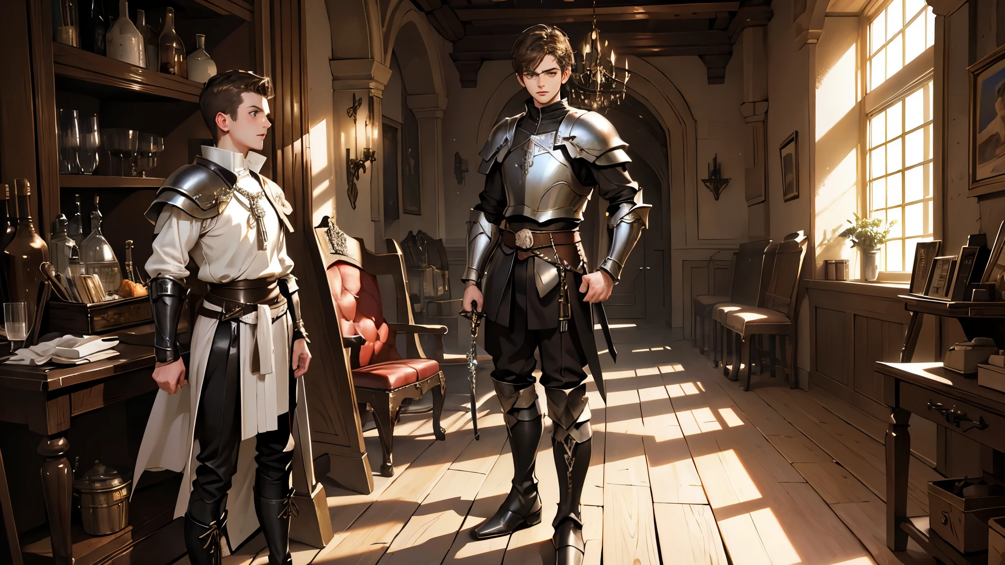 masterpiece, ultra detailed, 8k portrait, RAW photo, man's portrait photography, highly detailed face, cool and meticulous eyes, ((Fantasy)), 1 man, (((young man))), Laughter, 15 years old, fighter, standing with hands on hips, (((short brown hair))), (((white skin color))), (((black leather breast armor))), chain waist cloth, (((leather boots))), ((equip a short sword and small shield)), Midday Sun, hyper realistic, Long legs, in the medieval adventurer's guild, Ambient lighting, Shadow details, Camera focus on face, strong breeze, Light fog