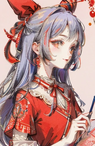 masterpiece: 1.7, top-quality、(Highly detailed CG、ultra-detailliert、Best Shadow:1.1)、solo、Painterly、sketch、Paper texture、alice in the wonderland、Red ribbon on head、Red clothes、超A high resolution、extra detailed face、flat-colors、extra detailed face、extra detailed face、realisitic、limited pallete、Low contrast、The best lighting、Beautuful Women、lite smile、blanche:1.6、(Zentangle、a Mandala、Tangle、Entangle:1)