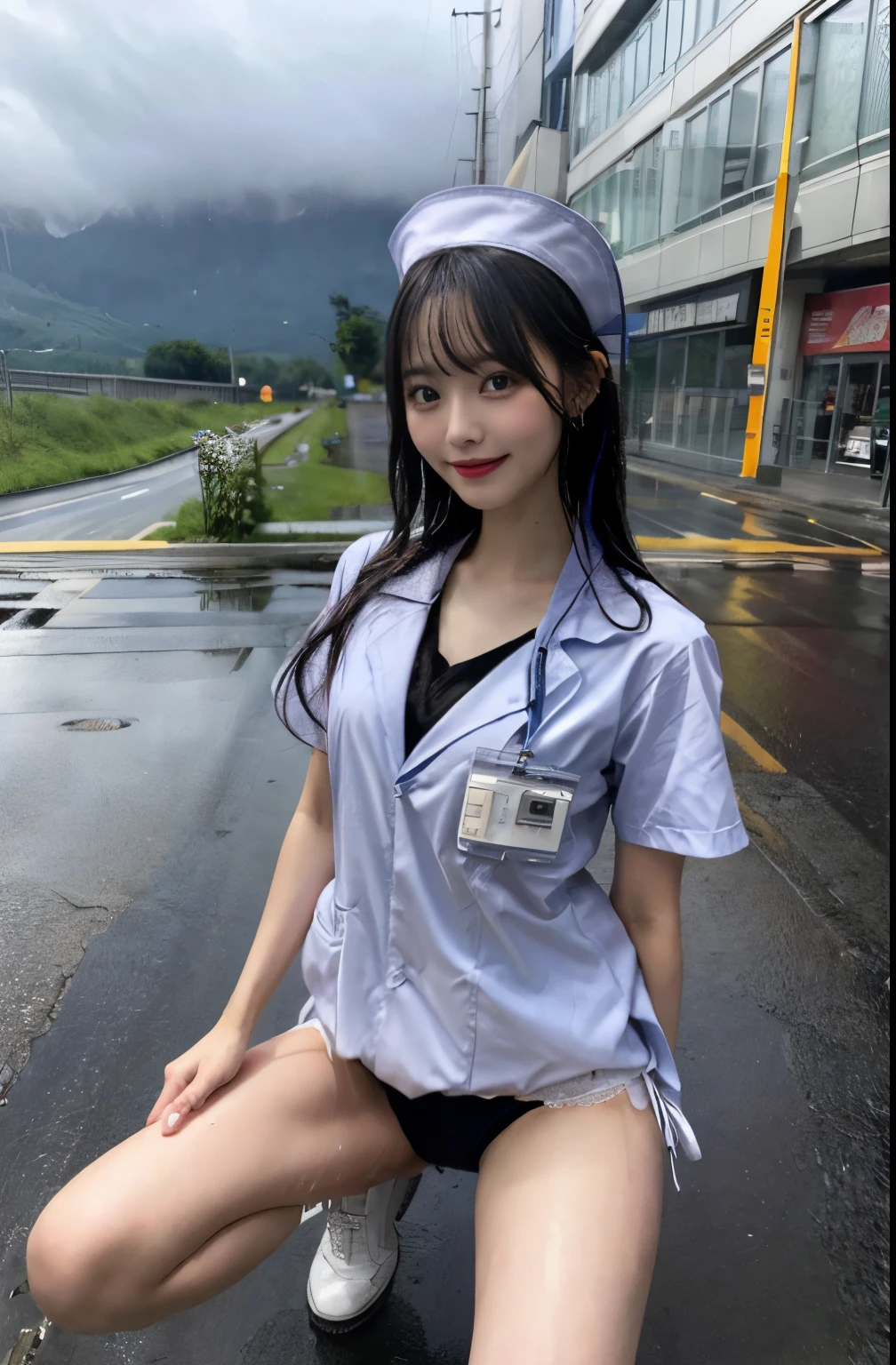 highest quality、nurse uniform、Her underwear is visible、The valley is visible、wet in the rain、She is doing M-shaped leg movements on the road.、Black Hair、Bob Hair