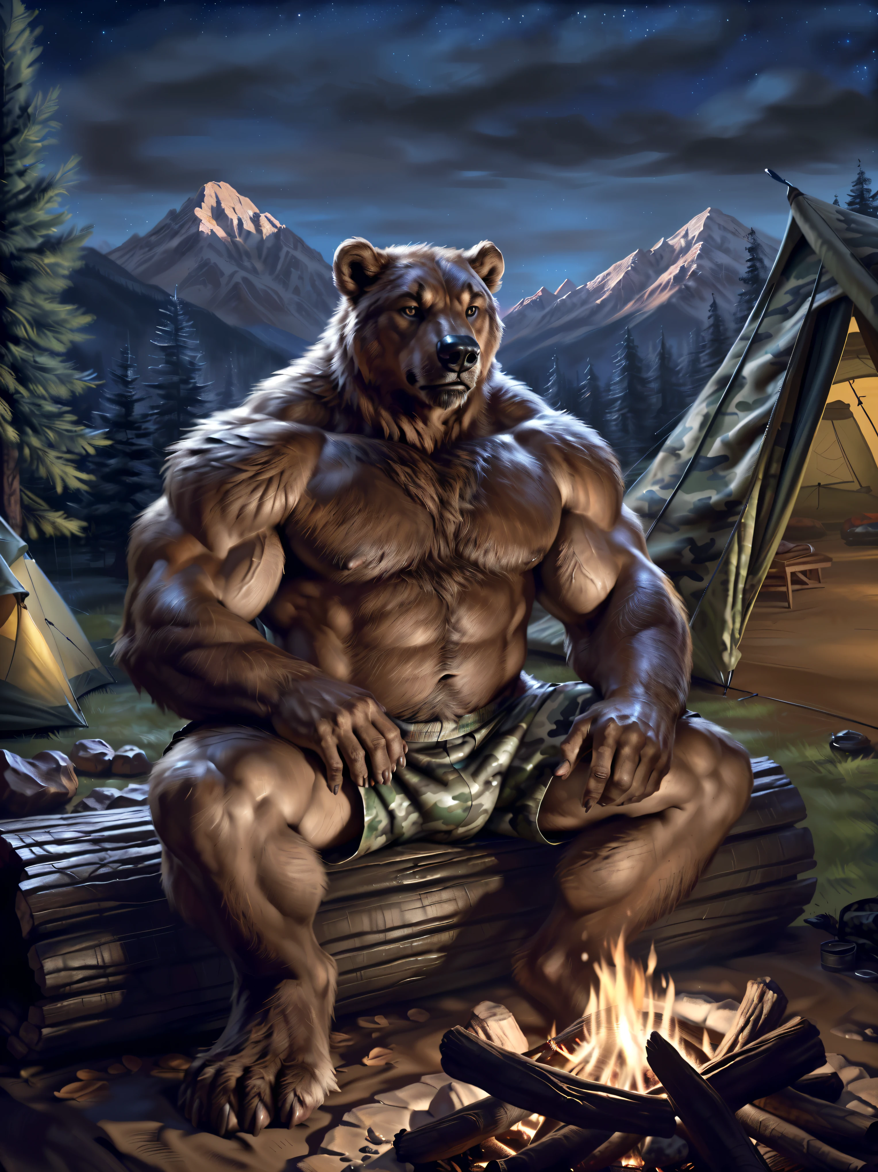 4k, high resolution, best quality, perfect colors, perfect lighting, posted on e621, furry body, solo, anthro brown bear, (monotone brown fur:1.3), male, (massive strongman, burly, broad chest, manly, brutal, masculine:1.3), correct anatomy, (photorealistic detailed fur, epic, masterpiece:1.2), (by Taran Fiddler, by Chunie, by Rukis, Bonifasko lighting), detailed bear eyes, front view, ((sitting on a log by a campfire:1.2), (nails on fingers, detailed fingers and nails:1.3), bare torso, (camo boxers, night, summer, mountains, taiga, pine trees, tent:1.3), camp
