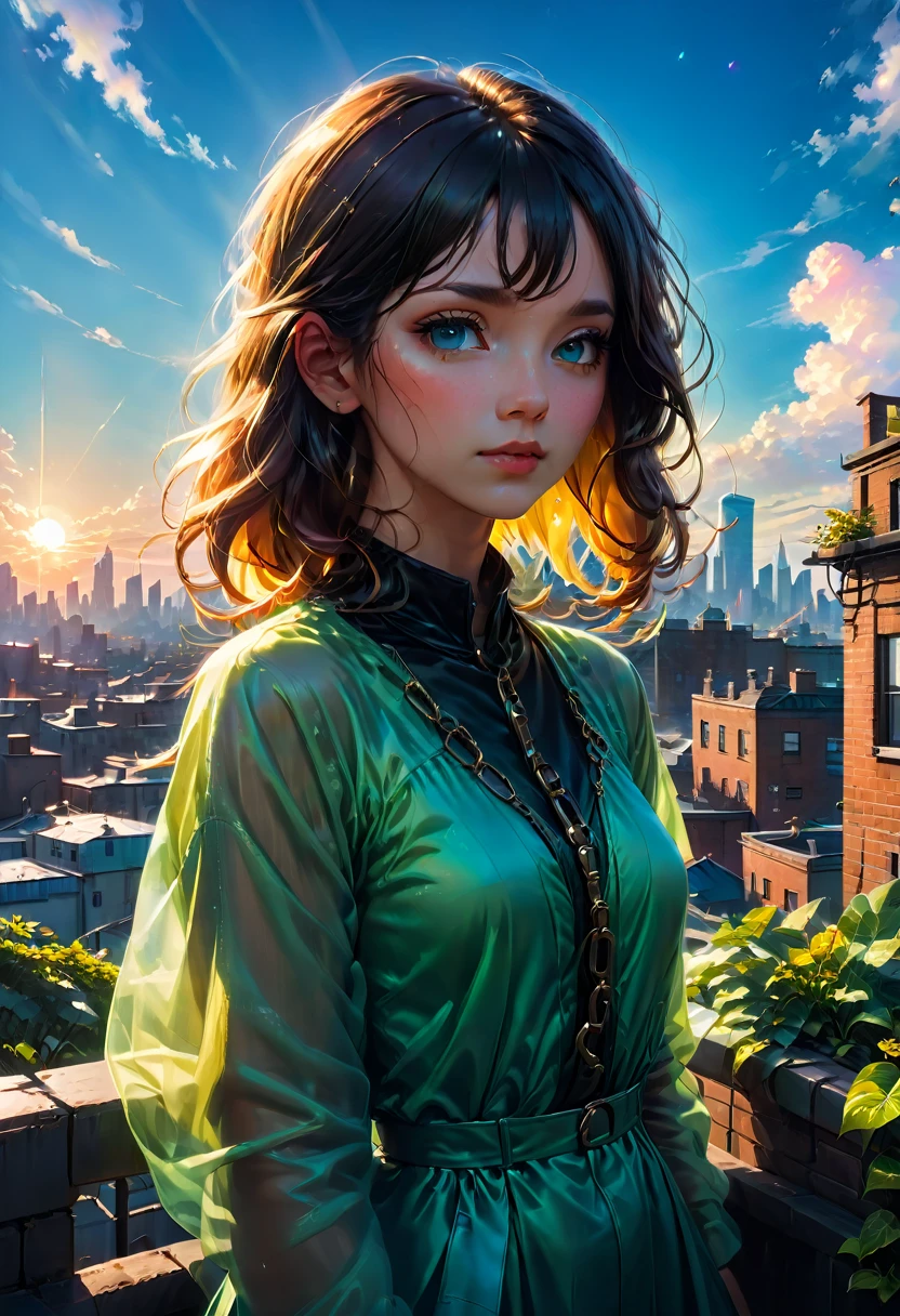 1girl,Person Standing on the Rooftop,aesthetic,okujyou,scenery,sky,fence,cloud,blue sky,outdoors,rooftop,building,day,cityscape,shadow,chain-link fence,city,(best quality,4k,8k,highres,masterpiece:1.2),ultra-detailed,(realistic,photorealistic,photo-realistic:1.37),HDR,UHD,studio lighting,ultra-fine painting,sharp focus,physically-based rendering,extreme detail description,professional,vivid colors,bokeh,portraits,landscape,colorful,overlooking,serene,peaceful,tranquil,sunlit,contemplative,striking silhouette,picturesque scenery,immersive,dreamy ambiance,sophisticated styling,elegant,touch of nostalgia,lush greenery,relaxing atmosphere