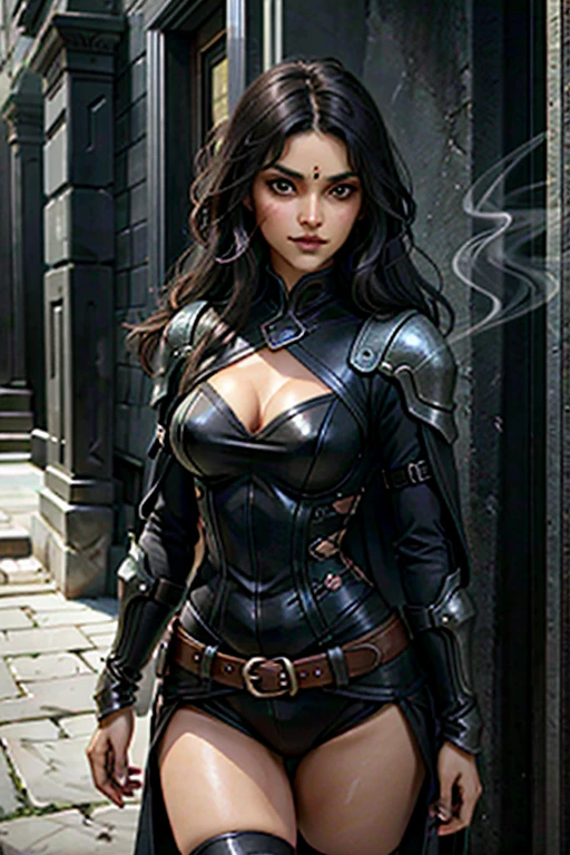 (best quality,highres),1indian woman,most sexy indian woman,shadow assassin,hiding in a dark corner,waiting for its prey,drawing her blade weapon from the sheath,spectral form,clothes turning into shadow smoke,ethereal glow,sharp focus,mesmerizing eyes,long flowing hair,mysterious smile,elegant pose,dark,moody lighting,nighttime atmosphere,subtle moonlight,subtle color palette,dramatic shadows,dynamic composition,masterpiece:1.2,ultra-detailed,realistic:1.37,dark fantasy,concept art,historical fantasy,artistic rendering,emphasized contours
