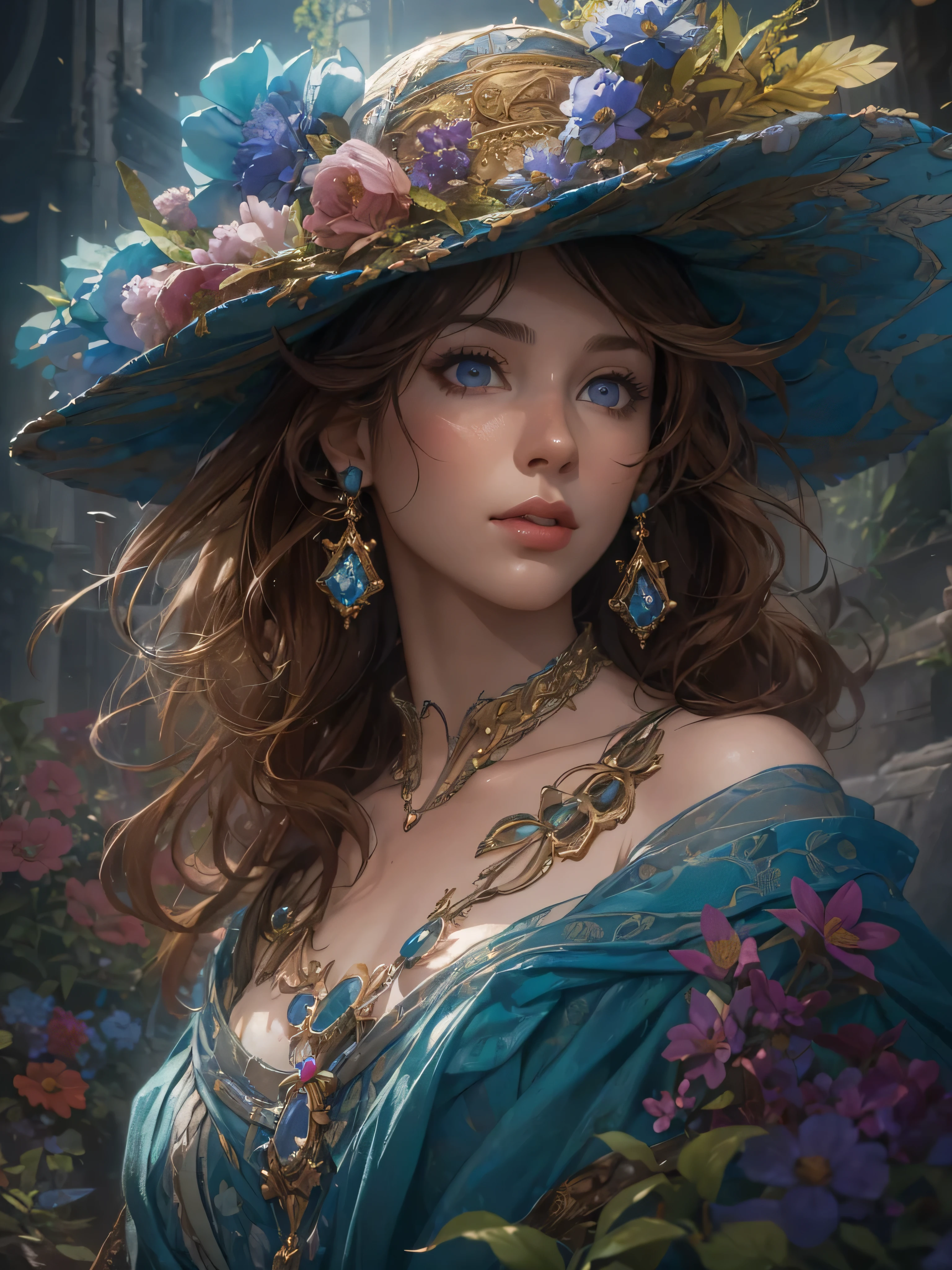 (by Greg Rutkowski: 1.2), (masterpiece), ((best quality)), extremely delicate and beautiful, illustration, (fantasy landscape), A mesmerizing fantasy with enchanting elements blending seamlessly. ((Dynamic bust of beautiful aristocratic maiden,Brown chestnut hair elegantly coiled,Wearing a huge blue hat,Purple clear eyes,The hair is covered with beautiful and delicate floral craftsmanship, Crystal jewelry filigree)), HD. elegance. photorealism. Unreal engine. From Brian Froud and Carne Griffiths and Wadim Kashin and John William Waterhouse, 8K post-production, high resolution, hyperdetailed, depth of field, HDR, intricate