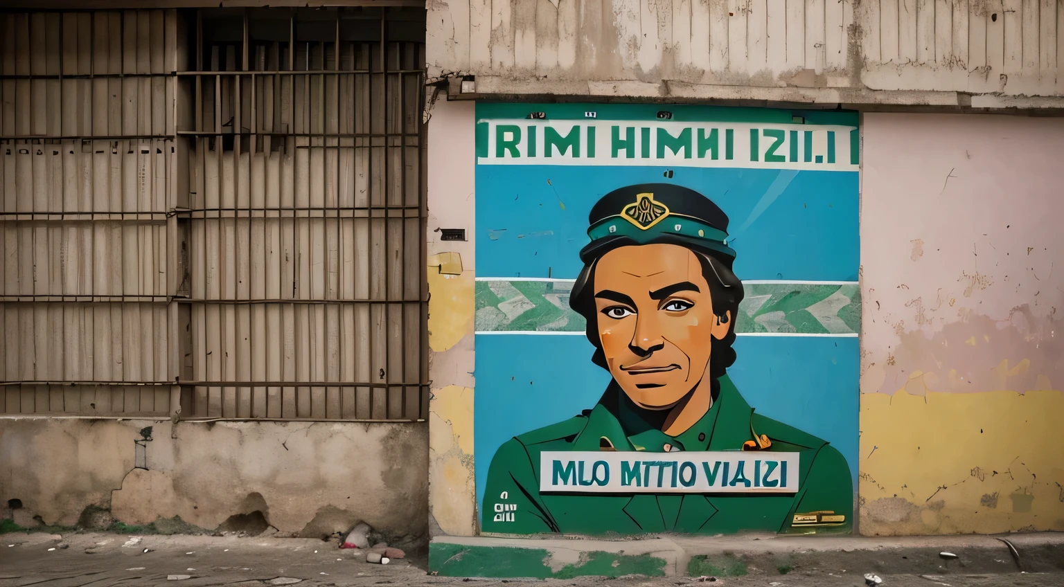 Muro(parede antiga) em uma Rua vazia(((Estácio-Rio de Janeiro))), deserta, com cartazes na parede(((propaganda homem triste)))