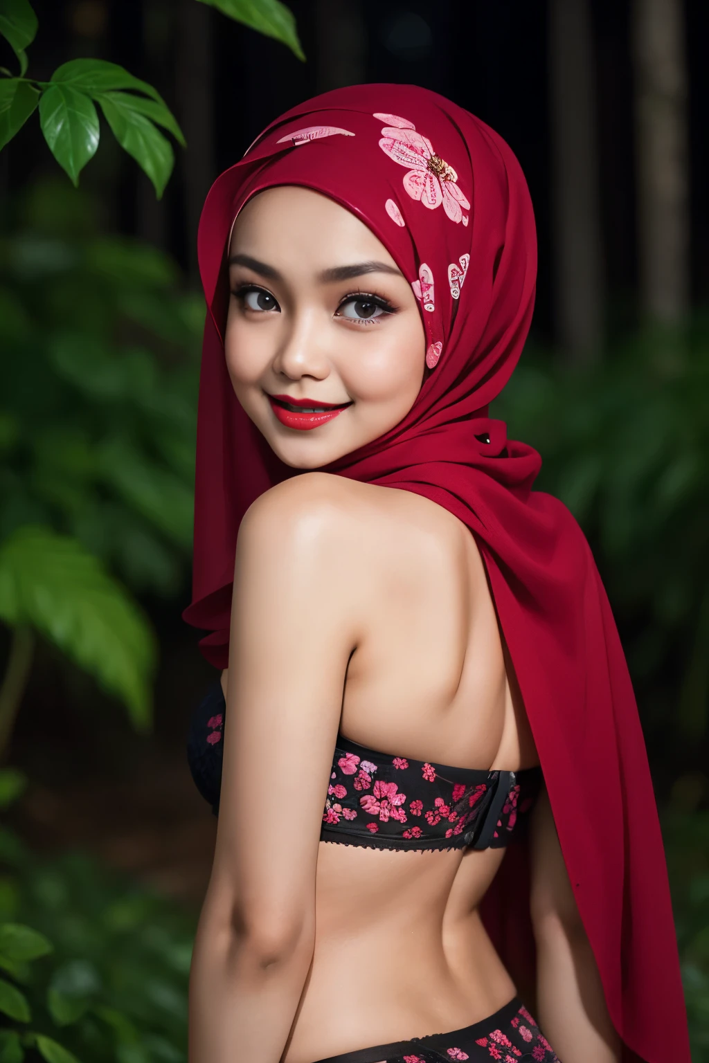 (Happy smile), (((HIJAB MALAY GIRL))), masutepiece, High quality, UHD 32K, Realistic face, Realistic skin feeling , A Japanese Lady, 8 , , Very cute and baby-like face, (((FLAT CHEST))), (Night time at forest), ((look In front  at the camera and SADNESS)), ((())), (((CUTE GIRL))), ((RED LIPS)), ((Floral Pattern)) little wearing strapless bra, strapless colorful bra, dark night background , black forest night, horror scary place (from behind up) seductive pose