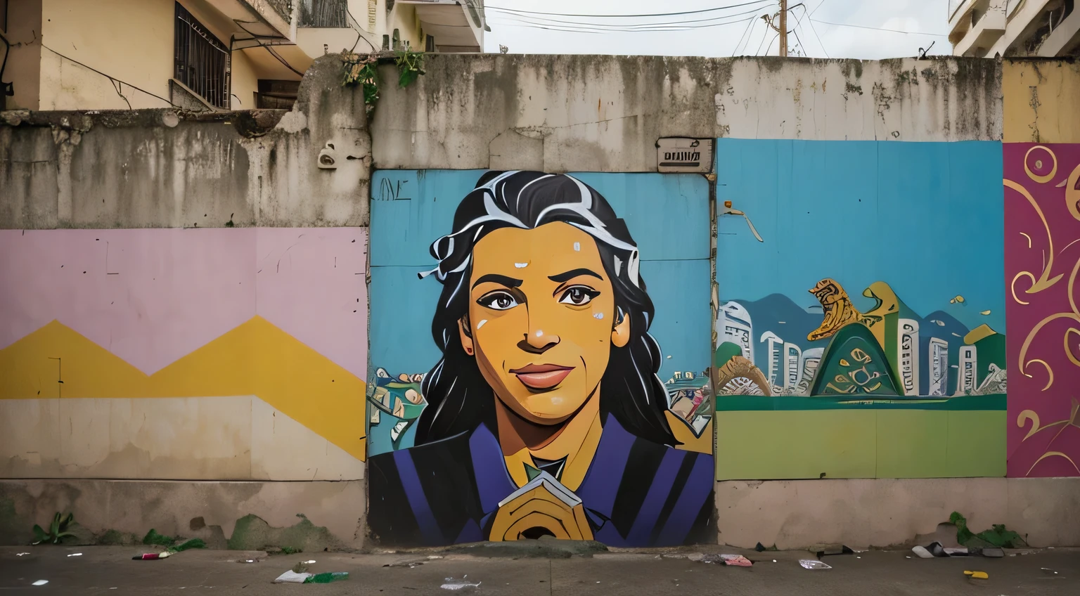 Muro(parede antiga) em uma Rua vazia(((Estácio-Rio de Janeiro))), deserta, com cartazes na parede(((propaganda homem triste)))