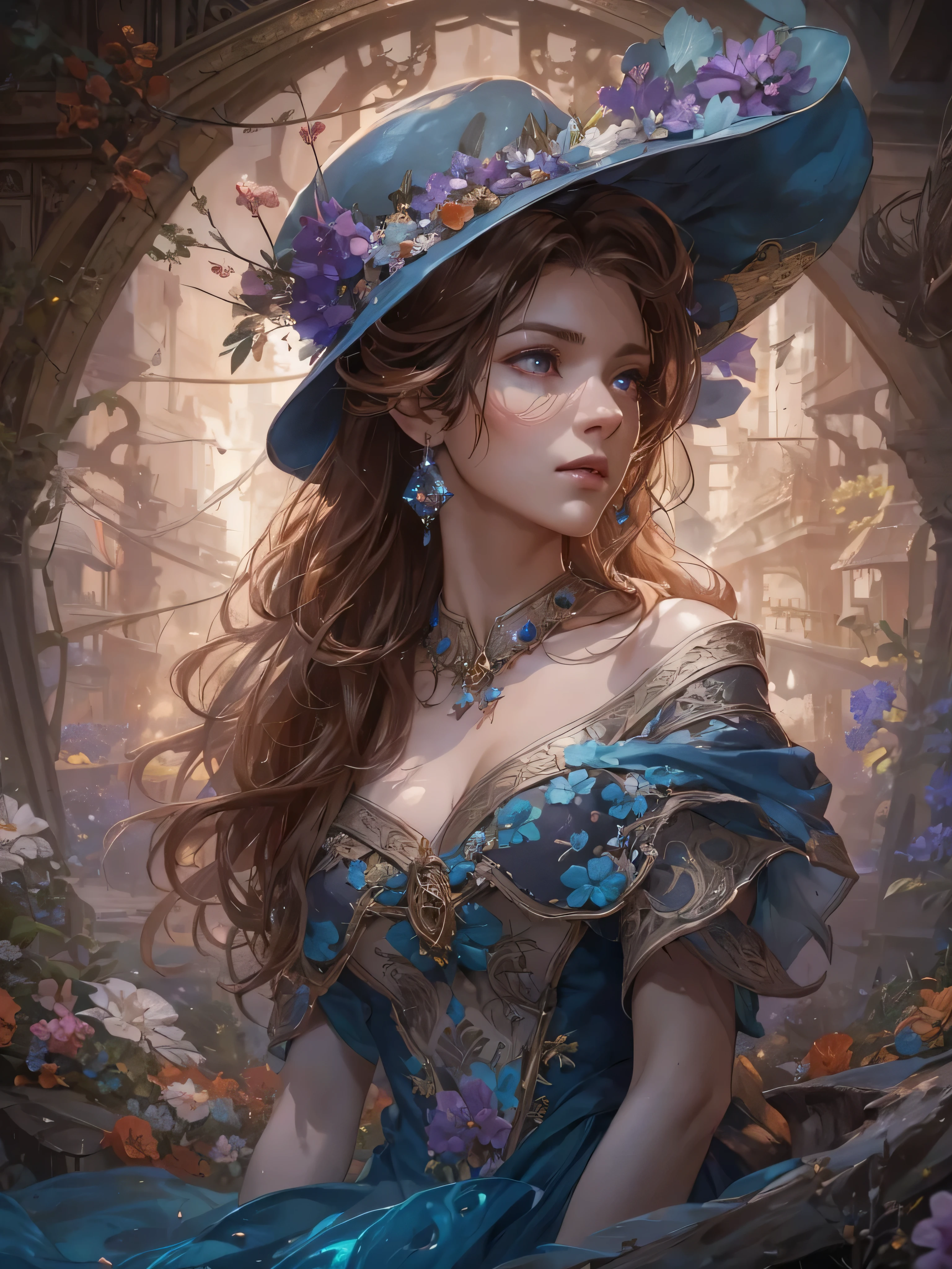 (by Greg Rutkowski: 1.2), (masterpiece), ((best quality)), extremely delicate and beautiful, illustration, (fantasy landscape), A mesmerizing fantasy with enchanting elements blending seamlessly. ((Dynamic bust of beautiful aristocratic maiden,Brown chestnut hair elegantly coiled,Wearing a huge blue hat,Purple clear eyes,The hair is covered with beautiful and delicate floral craftsmanship, Crystal jewelry filigree)), HD. elegance. photorealism. Unreal engine. From Brian Froud and Carne Griffiths and Wadim Kashin and John William Waterhouse, 8K post-production, high resolution, hyperdetailed, depth of field, HDR, intricate