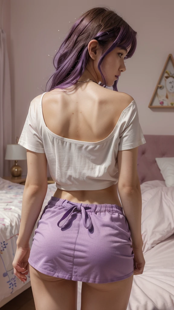 (masterpiece), (best quality), (detailed), light layer, 1solo girl, young girl, perfect body, purple hair in curls, defined large chest, small waist,defined collarbone, ultra realistic, photorealistic, detailed, ,Enhance, wearing a anime shirt and mini skirt, bedroom background, back turned