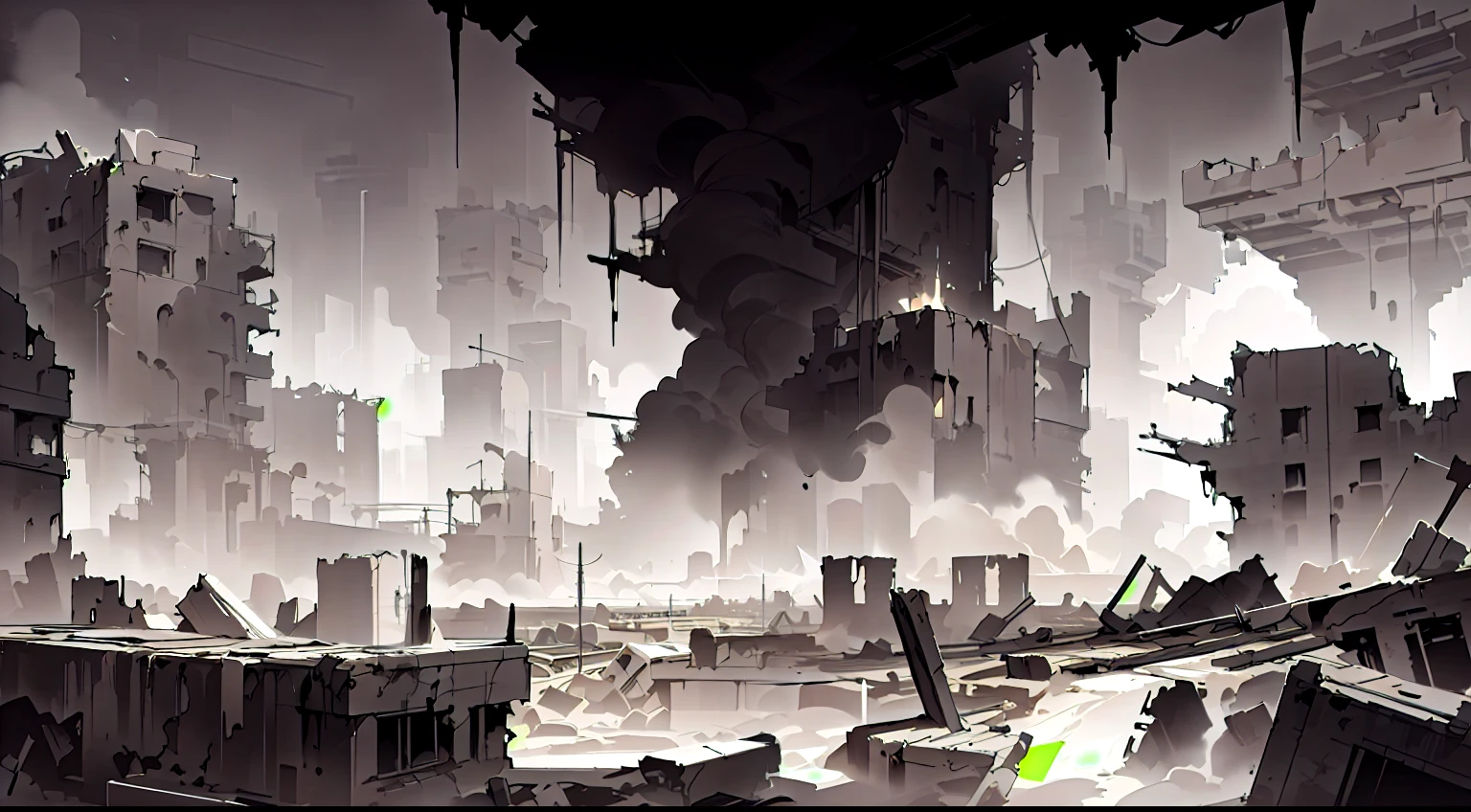 A ruined city with a lot of smoke rising, City Concept Art, digital concept art of dystopian, A destroyed city in the background, Destroy the cityscape, dramatic concept art, End Times Art, Nicolas Bouvier Spales, concept art scene, Matte Painting Comic Art, Video game concept art, Highly consistent and stylized artwork, A thick, amorphous black fog covers the city, A black fog hangs over the city