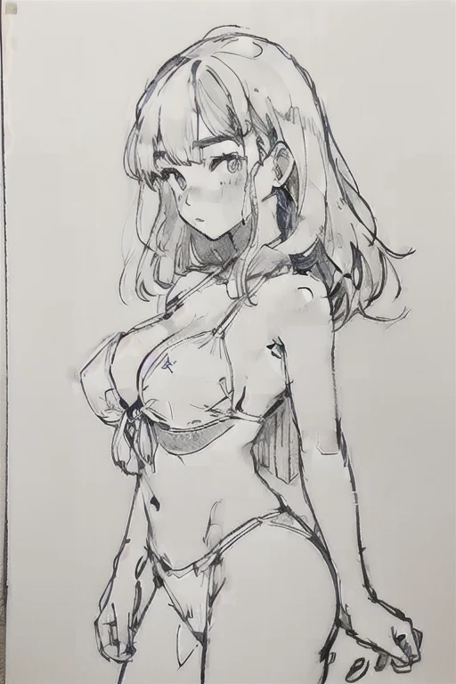 japanese milf, large breasts, drawing, monochrome, bikini,