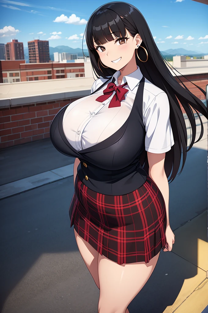  sexy girl, huge breasts, large breasts, curvy, black hair (straight bangs), brown eyes, long hair, female high , high school plaid skirt, earrings, grinning, standing, rooftop, high school, outdoor, solo focus, bright day