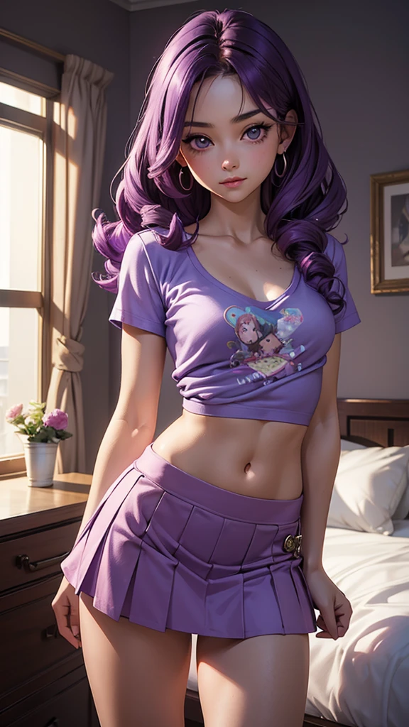 (masterpiece), (best quality), (detailed), light layer, 1solo girl, young girl, perfect body, purple hair in curls, defined large chest, small waist,defined collarbone, ultra realistic, photorealistic, detailed, ,Enhance, wearing a anime shirt and mini skirt, bedroom background, back turned