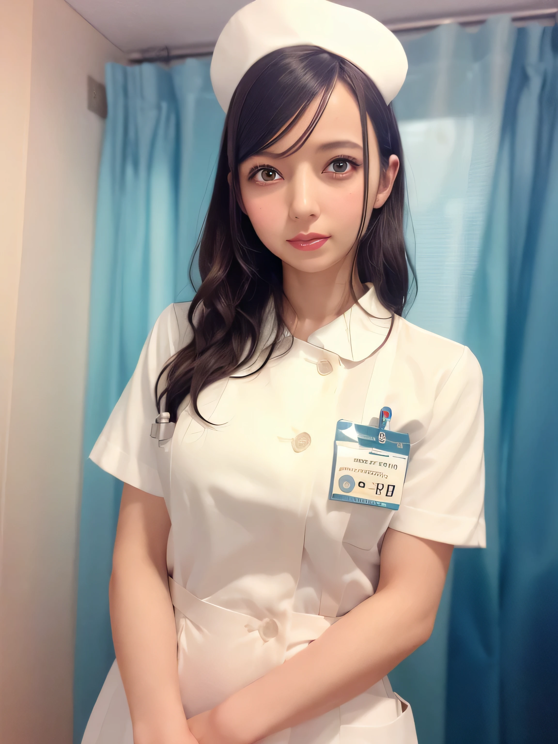 1 girl,(Wearing white nurse clothes:1.2),(RAW Photos, highest quality), (Realistic, photo-Realistic:1.4), masterpiece, Very delicate and beautiful, Very detailed, 2k wallpaper, wonderful, finely, Very detailed CG unity 8k wallpaper, Very detailed, High resolution, Soft Light, Beautiful detailed girl, Very detailed eyes and face, Beautiful and detailed nose, finely beautiful eyes, nurse, Perfect Anatomy, Black Hair, Upstyle, nurse uniform, ((nurse cap)), Long skirt, nurse, White costume, thin, hospital, clear, White Uniform, hospital room, Neck auscultation,Face close-up,(becky)