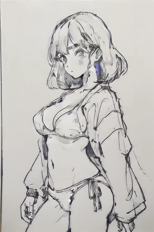 japanese milf, large breasts, drawing, monochrome, bikini,