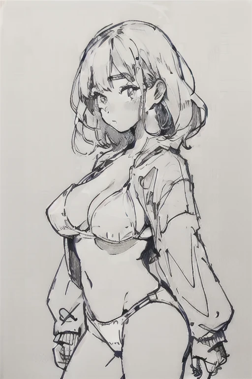japanese milf, large breasts, drawing, monochrome, bikini,
