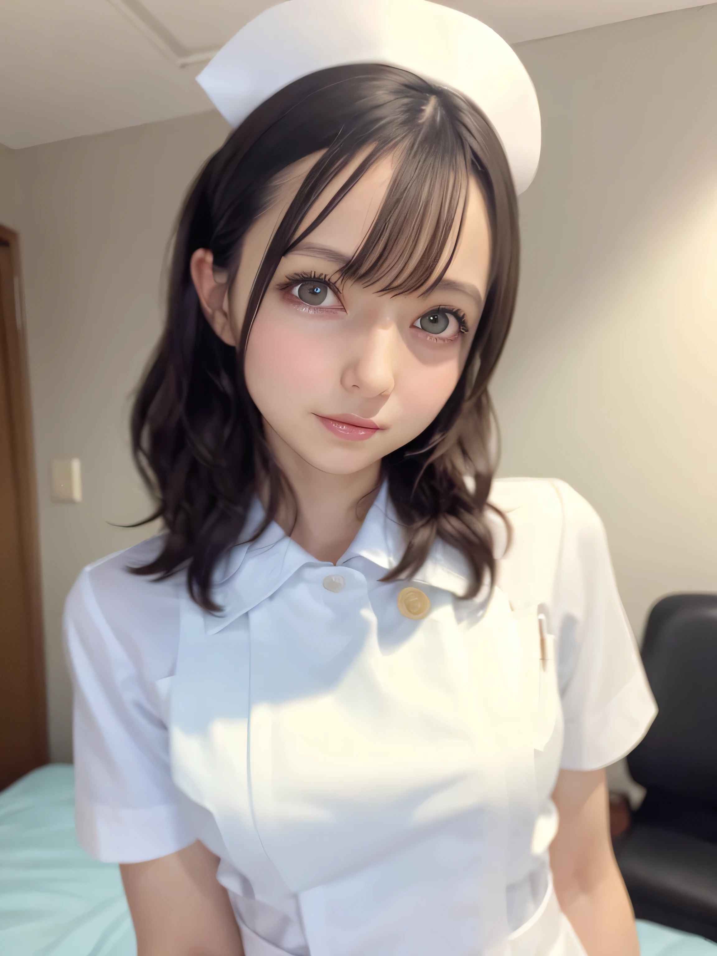 1 girl,(Wearing white nurse clothes:1.2),(RAW Photos, highest quality), (Realistic, photo-Realistic:1.4), masterpiece, Very delicate and beautiful, Very detailed, 2k wallpaper, wonderful, finely, Very detailed CG unity 8k wallpaper, Very detailed, High resolution, Soft Light, Beautiful detailed girl, Very detailed eyes and face, Beautiful and detailed nose, finely beautiful eyes, nurse, Perfect Anatomy, Black Hair, Upstyle, nurse uniform, ((nurse cap)), Long skirt, nurse, White costume, thin, hospital, clear, White Uniform, hospital room, Neck auscultation,Face close-up,(becky)