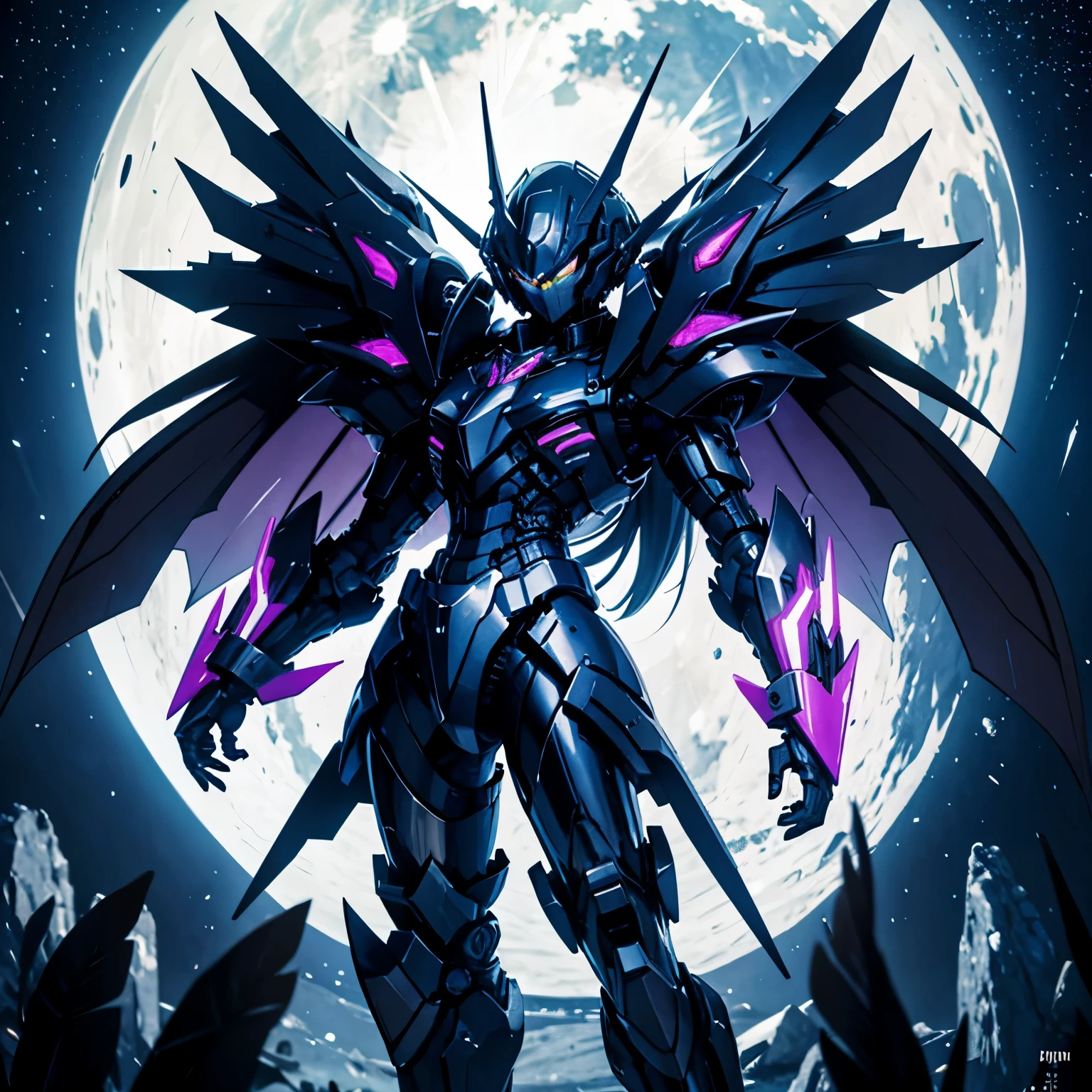 Anime teenage male with black spiky,fluffy hair in a dark mecha body suit that resembles Black Ace from Mega Man Star Force 3 :Black Ace.There are 2 large dark wings on his back that have the shape of angel wings except the wings are of metal frame and instead of feathers, crystals illuminating a black light make up the wing's interior. He is hovering in the night sky in an empowering and divine pose. The moon and the night sky full of stars are behind him. His has a black face mask covering his mouth.His right hand has transformed into a black blade surging with dark energy.