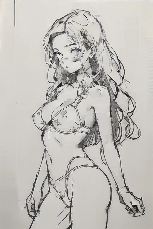 japanese milf, large breasts, drawing, monochrome, beachwear,