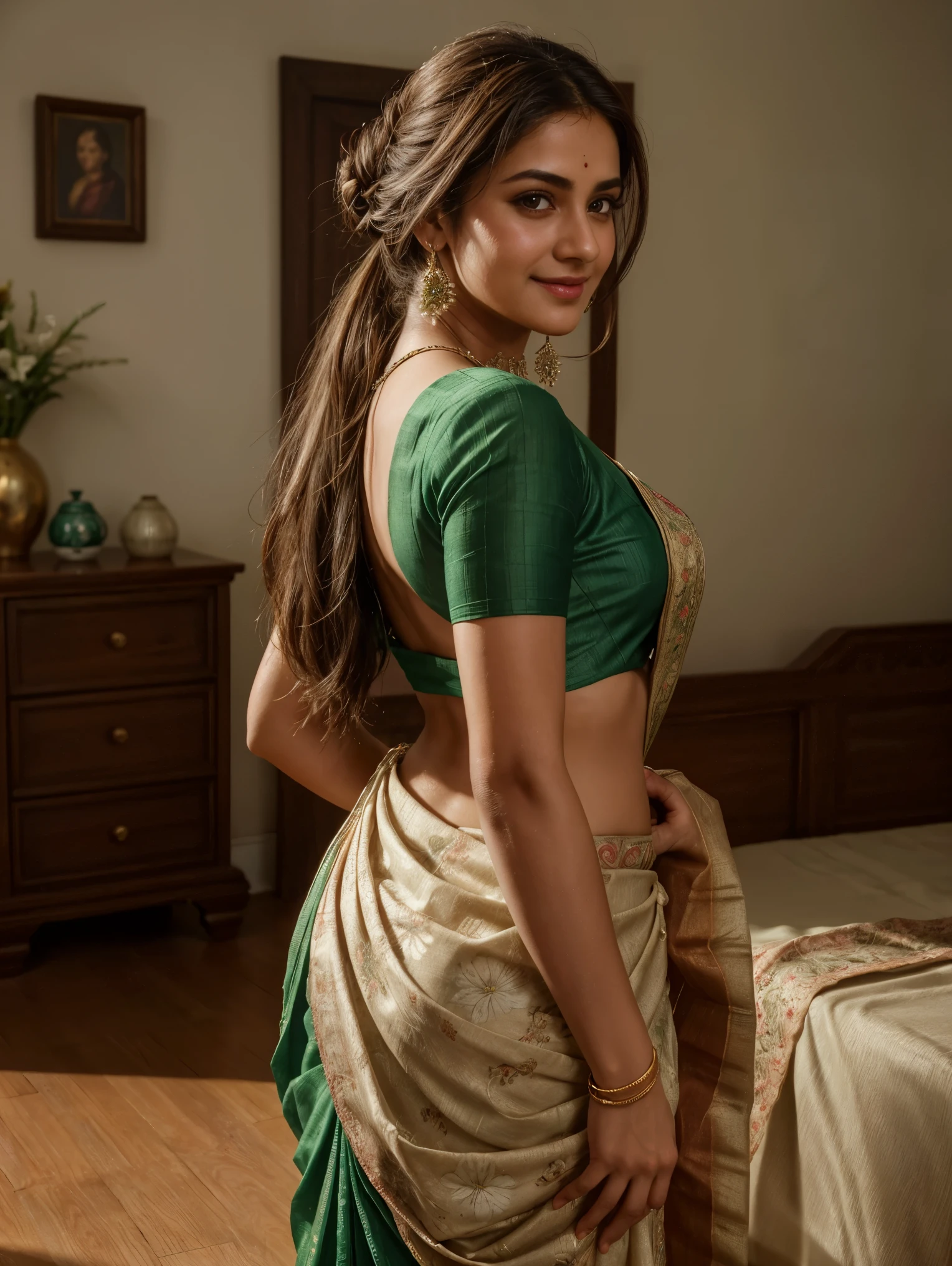 Portrait of A confident-looking white rea chakraborty , actress rea chakraborty, white woman with bun of long and thick brown hair tied behind and covered with flowers, hazel eyes, wearing a traditional green saree, medium cleavage, wearing lots of jewellery, smile on face, lusty look, standing in bedroom, perfect composition, hyperrealistic, super detailed, 8k, high quality, trending art, trending on artstation, sharp focus, studio photo, intricate details, highly detailed, art by greg rutkowski