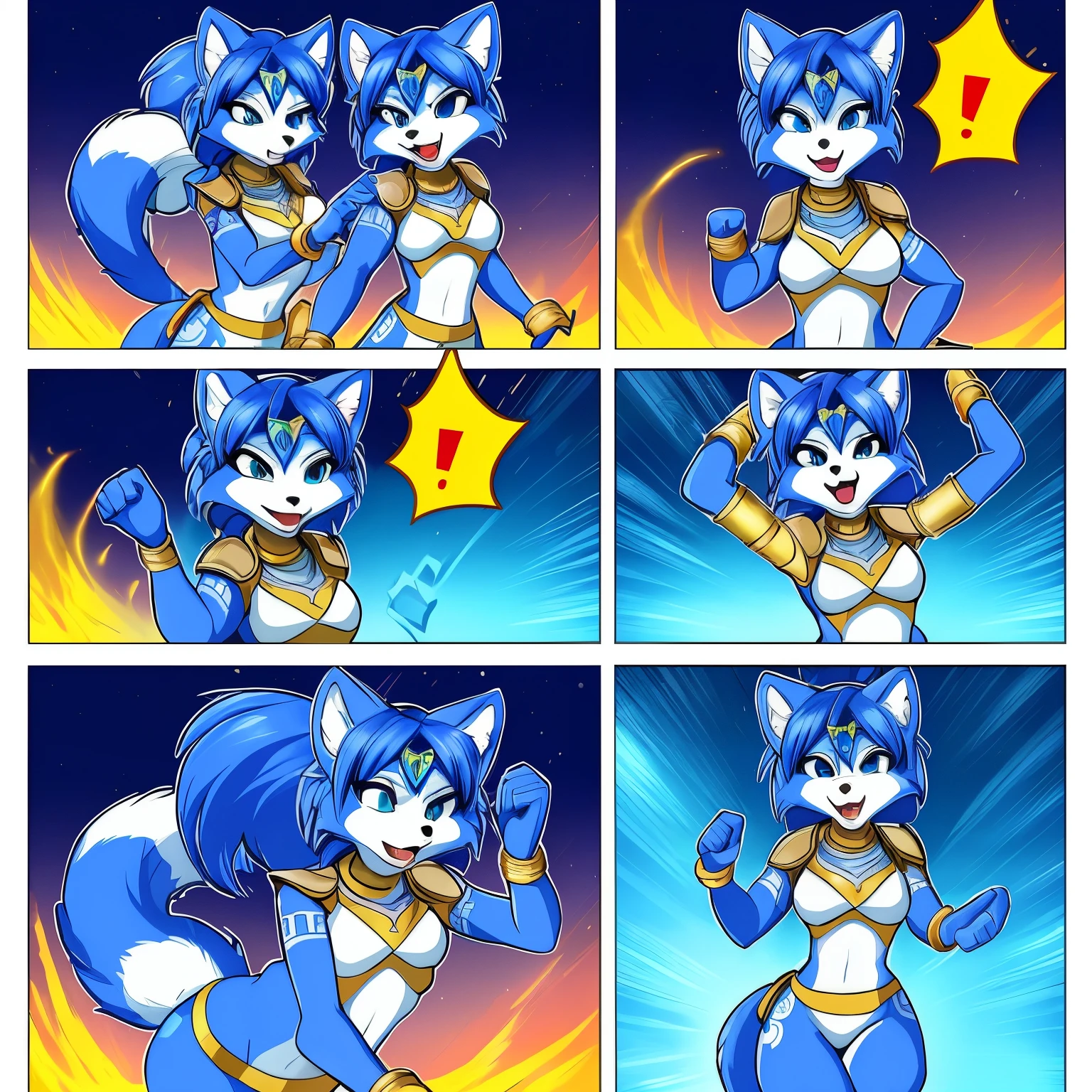 In a playful and vibrant 2D style, Krystal from Star Fox is depicted in a skimpy outfit, her expressions conveying a sense of urgency and determination as she's pursued by a lively and cartoonish dinosaur. With simple yet expressive lines, the rapid movement of Krystal and the dinosaur is captured in each frame, transporting viewers into a fun and action-packed world of adventure. The background remains relatively uncluttered, allowing the focus to stay on the dynamic duo as they race across the page.