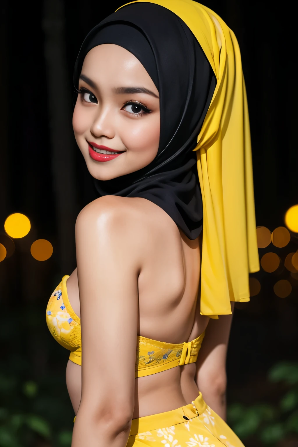 (Happy smile), (((HIJAB MALAY GIRL))), masutepiece, High quality, UHD 32K, Realistic face, Realistic skin feeling , A Japanese Lady, 8 years old, , Very cute and baby-like face, (((FLAT CHEST))), (Night time at forest), ((look In front  at the camera and SADNESS)), (((YELLOW))), (((CUTE GIRL))), ((YELLOW LIPS)), ((Floral Pattern)) little wearing strapless bra, strapless colorful bra, dark night background , black forest night, horror scary place (from behind up) seductive pose
