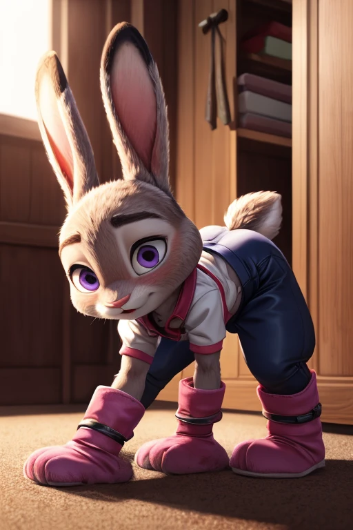 (uploaded on e621,8k, RAW photo,high resolution,high quality), ((diapered)), ((masterpiece)), female, ((slim judy hopps)), (wear adorable shirt), crawling, bent over, pink collar, (tail) (cinematic lighting), backlighting, embarrassed, humiliated, (shaded), detailed background, by dagasi, (by personalami), beautiful purple eyes, thick leather mittens, leather cuffs,