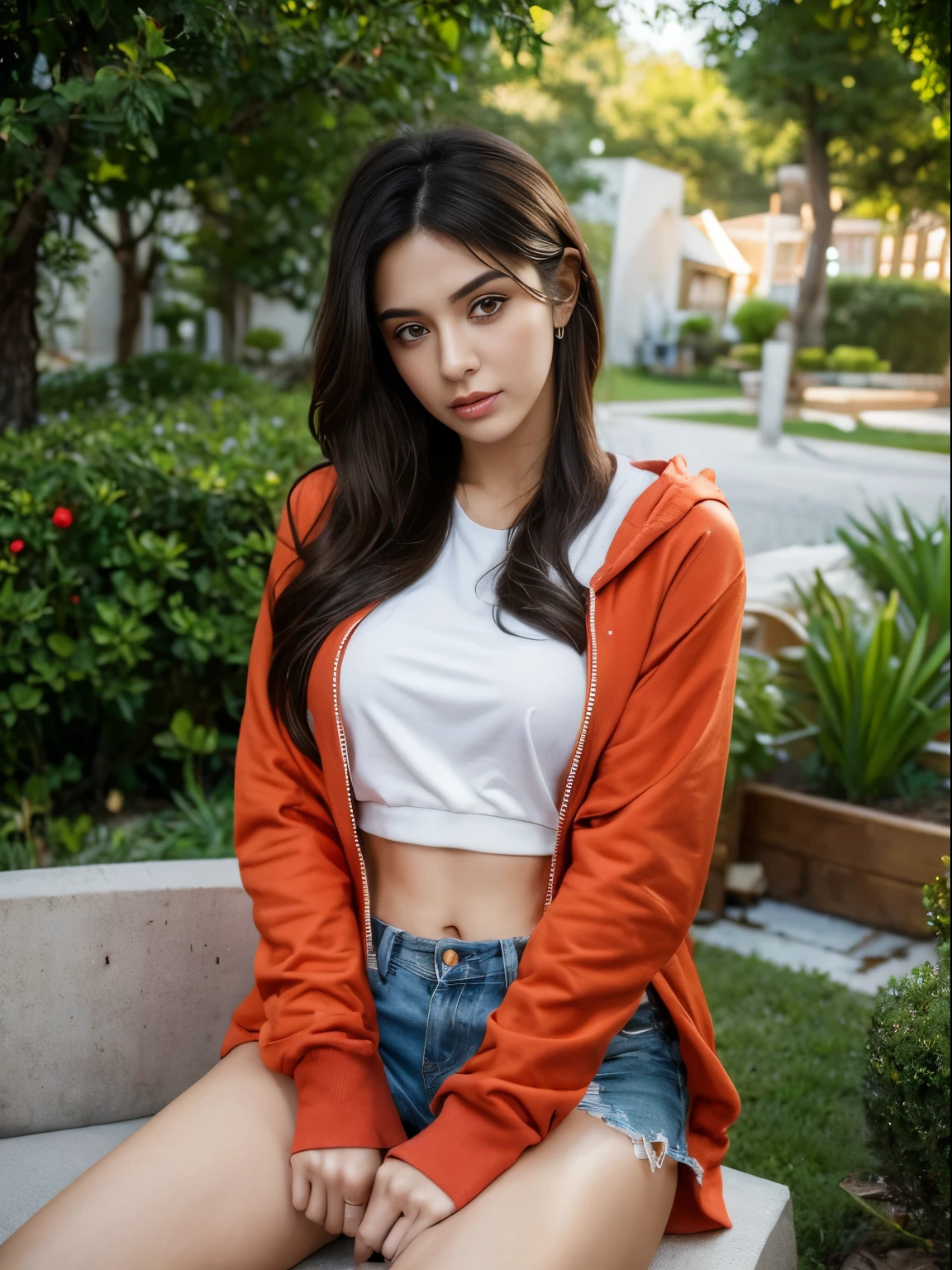 (8k, highest quality, ultra detailed:1.37), (Ecce), 18yo, (a stylish young Turkish woman), sit down in garden, wearing in red hoodie with long  ripped jeans, paired with fashionable accessories. The high-resolution image captures ultra-detailed realism, highlighting Ecce's captivating eyes, long eyelashes, and flawless complexion. The vibrant flower garden serves as a backdrop, creating a visually striking representation of modern Turkish style. angry face