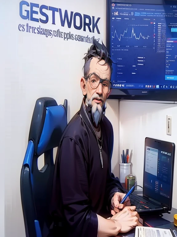 there is a man sitting at a desk with a laptop and a monitor, obra-prima coposition, Greg Rutkowski uhd 8k, Greg Rutkwowski, bussiere rutkowski andreas rocha, obra-prima, por Samuel Silva, Greg Rutgowski, inspirado em Nathan Oliveira, Greg Rutkwoski, david rios ferreira, trabalho profissional
