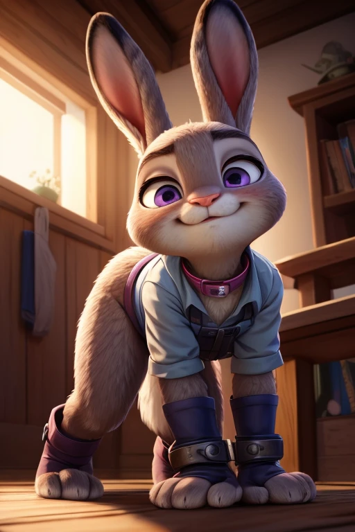 (uploaded on e621,8k, RAW photo,high resolution,high quality), ((diapered)), ((masterpiece)), female, ((slim judy hopps)), (wear adorable shirt), crawling, bent over, pink collar, (tail) (cinematic lighting), backlighting, embarrassed, humiliated, (shaded), detailed background, by dagasi, (by personalami), beautiful purple eyes, thick leather mittens, leather cuffs,