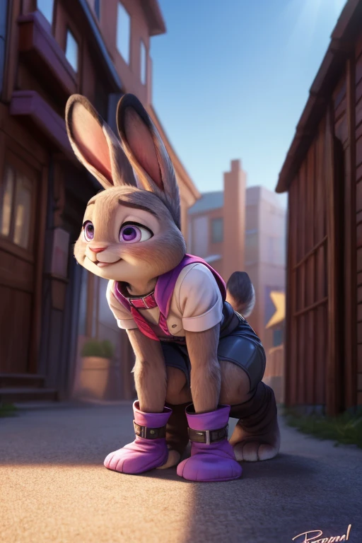 (uploaded on e621,8k, RAW photo,high resolution,high quality), ((diapered)), ((masterpiece)), female, ((slim judy hopps)), (wear adorable shirt), crawling, bent over, pink collar, (tail) (cinematic lighting), backlighting, embarrassed, humiliated, (shaded), detailed background, by dagasi, (by personalami), beautiful purple eyes, thick leather mittens, leather cuffs,