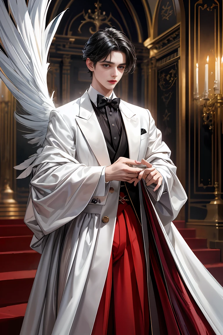 
masterpiece, 最high quality, high quality, 1 boy, alone, Male focus, Watching the audience,  Messy black hair, blue adorable big eyes, White, Noble, Noble, Beautiful angel、Big Feather、He was wearing a tuxedo with a really big stand-up collar and a really big, really long red and black cape made of a lot of fabric that reached down to the floor longer than his height., 17 years old,cute beautiful boy,cute cute handsome boy