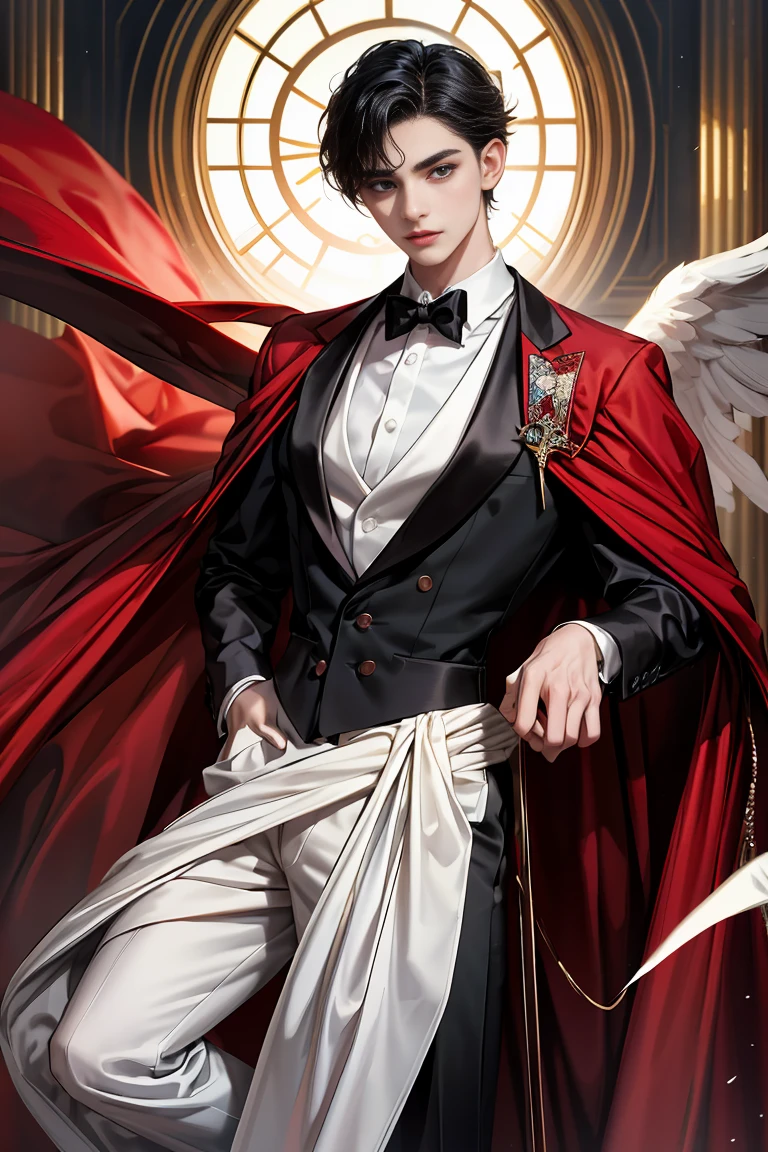 masterpiece, 最high quality, high quality, 1 boy, alone, Male focus, Watching the audience, Messy black hair, blue adorable big eyes, White, Noble, Noble, Beautiful angel、Big Feather、He was wearing a tuxedo with a really big stand-up collar and a really big, really long red and black cape made of a lot of fabric that reached down to the floor longer than his height., ,cute beautiful boy,cute cute handsome boy